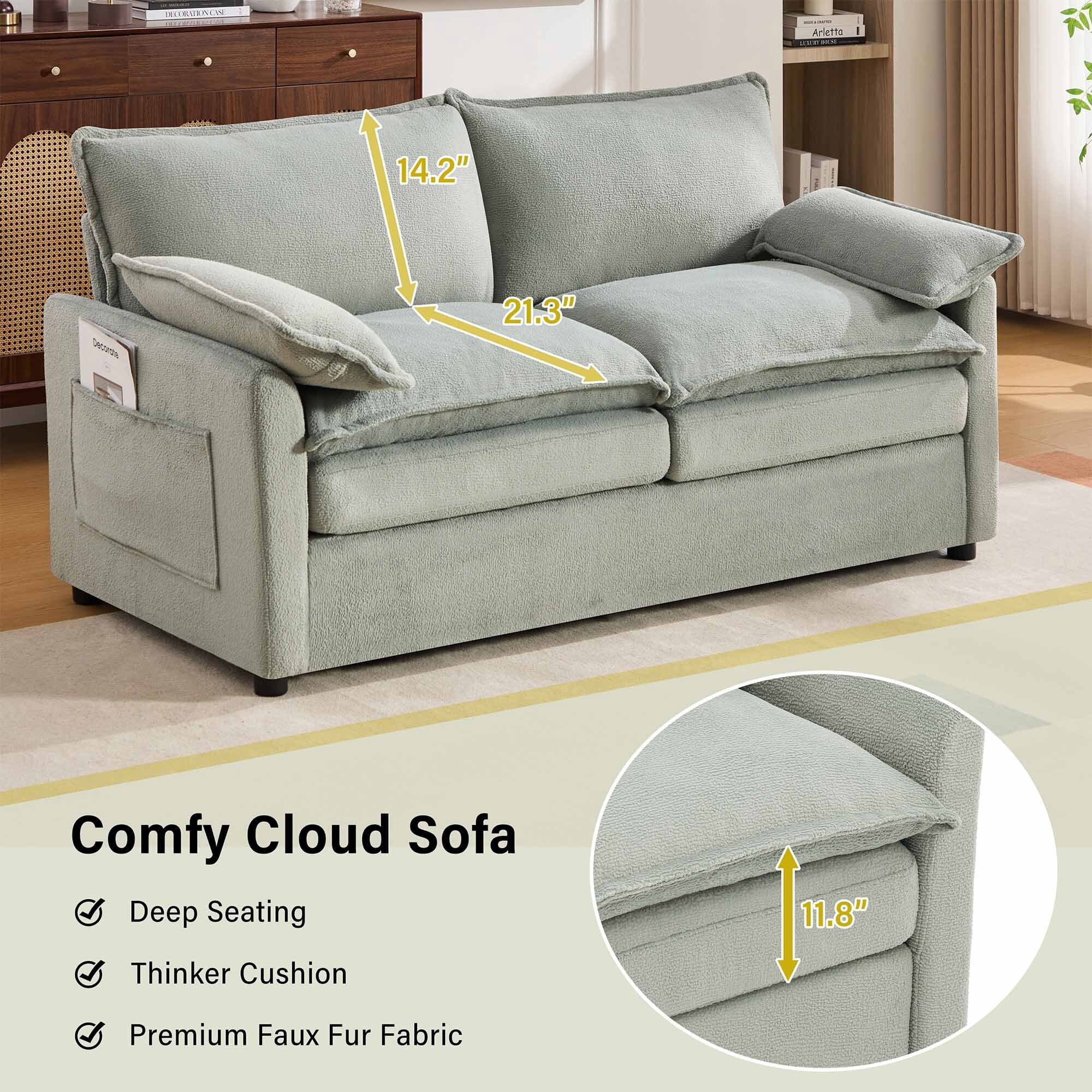 Lunale 2-Seater Sofa with Storage Pockets, Small Modern Cloud Couch for Living Room, Green Chenille