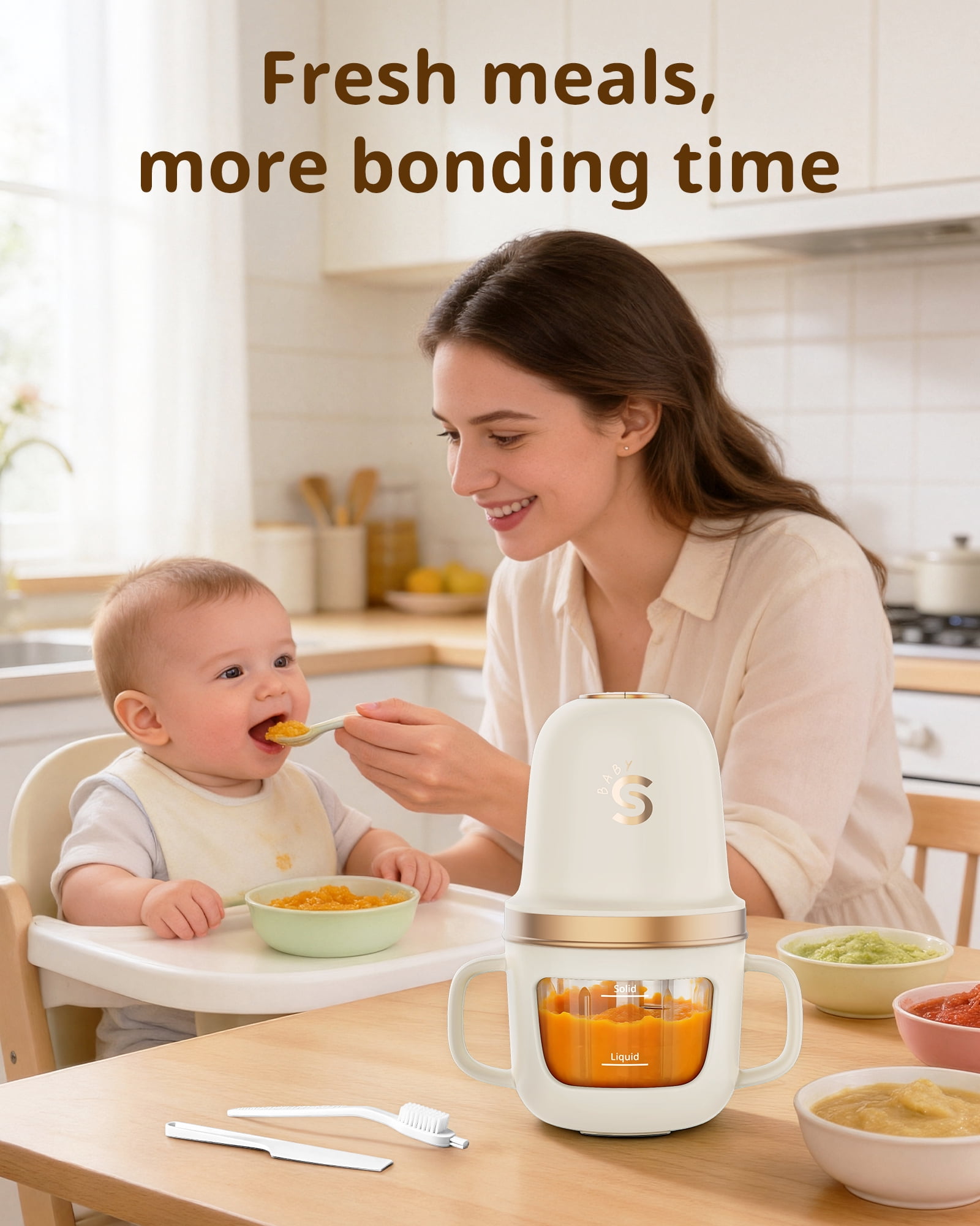 Baby Food Maker, SosekiBaby FM02 Baby Food Processor Set with Glass Bowl & 316L Stainless Steel Blades ,Baby Food Blender for Baby Puree, Meat, Vegatable,2-Speed Control, BPA-Free,Ivory