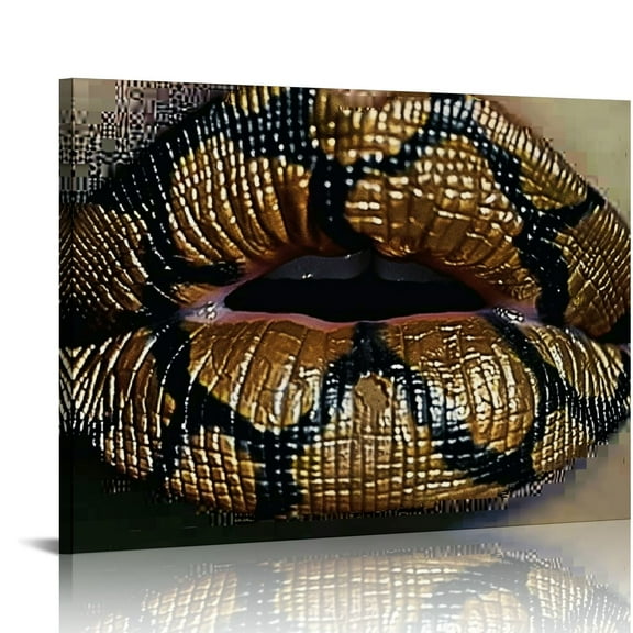 Creowell Fashion Lip Canvas Wall Art Sexy Leopard Lip Decor Cheetah Print Picture Framed Artwork for Bedroom Bathroom Dressingroom 20x16in