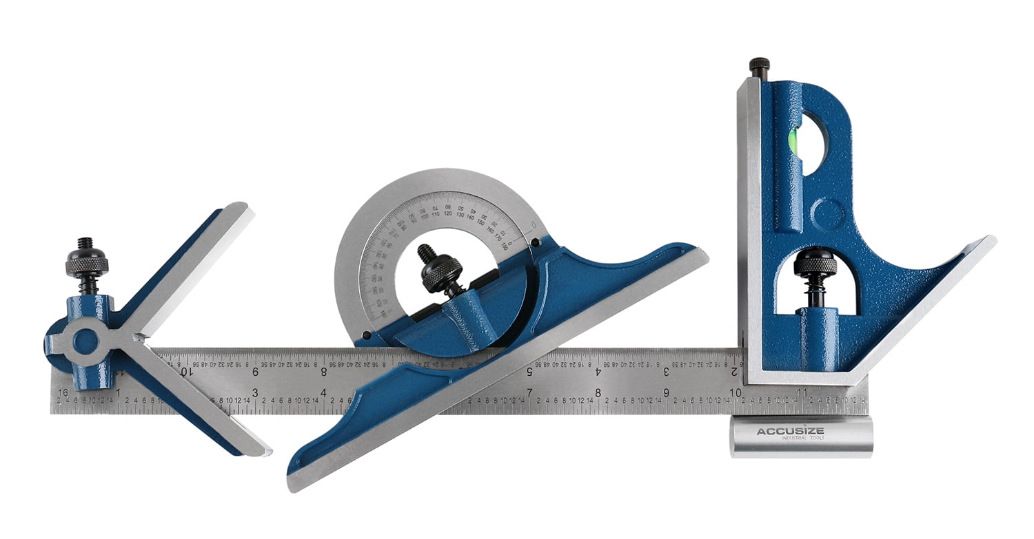 Accusize 12'' 4 Combination Square Ruler Set Protractor Satin, 4-R Graduation, 0000-8101