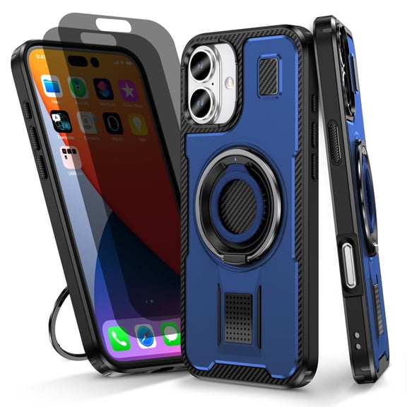 Hotpom for iPhone 16 Plus Case with 2 Pack Privacy Screen Protector, Heavy Duty Shockproof, Anti-Fingerprint Rugged Women Men universal Protective Cover with 360°Rotatable Ring Stand, Blue