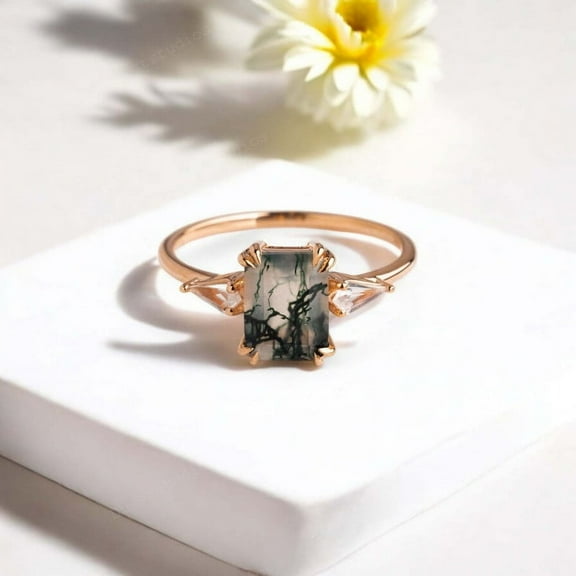 DBESTSTUDIOS 8X6 MM / 1ct Emerald Cut Natural Moss Agate Engagement Ring Diamond Stacking Bridal Ring Anniversary Gift For Her Rose Gold Handmade Jewelry