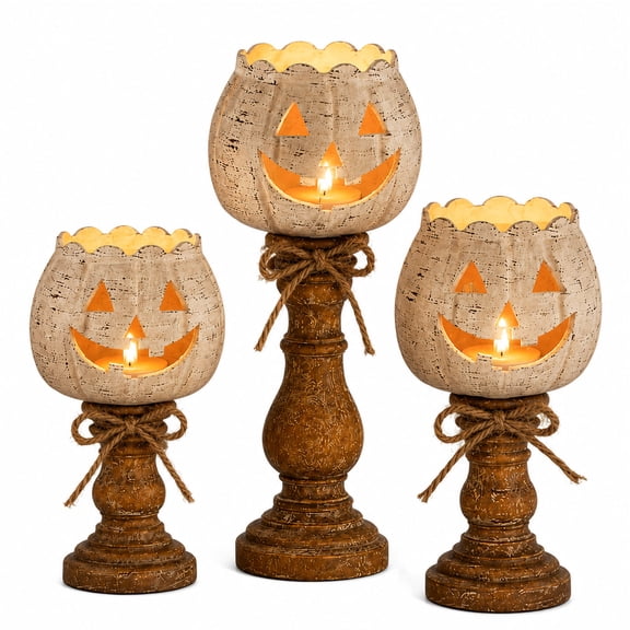 3 Pack Rustic White Pumpkin Tealight Candle Holder Set, Farmhouse Halloween Pumpkin Tea Light Candle Holders Decor, Fall Tables Centerpieces for Thanksgiving & Halloween Party