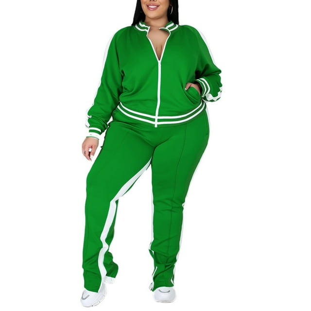 MAWCLOS Women Plus Size Slim Leg Sweatsuits Running Long Sleeve Jacket+Sweatpants Green L