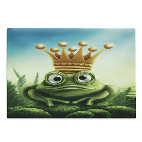 King Cutting Board, Frog Prince on Moss Stone with Crown Inspired Cartoon Image, Decorative Tempered Glass Cutting and Serving Board, Large Size, Forest Green and Yellow, by Ambesonne