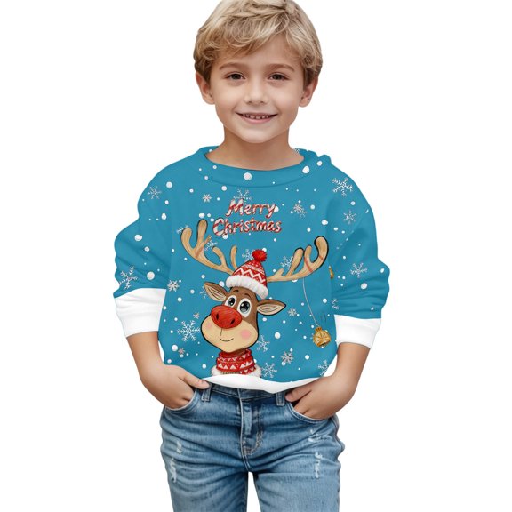 Big Boys Sweatshirts Festive Reindeer Print Kids Pullover Crewneck Casual Track Outfits ,Size 13-14T , Blue
