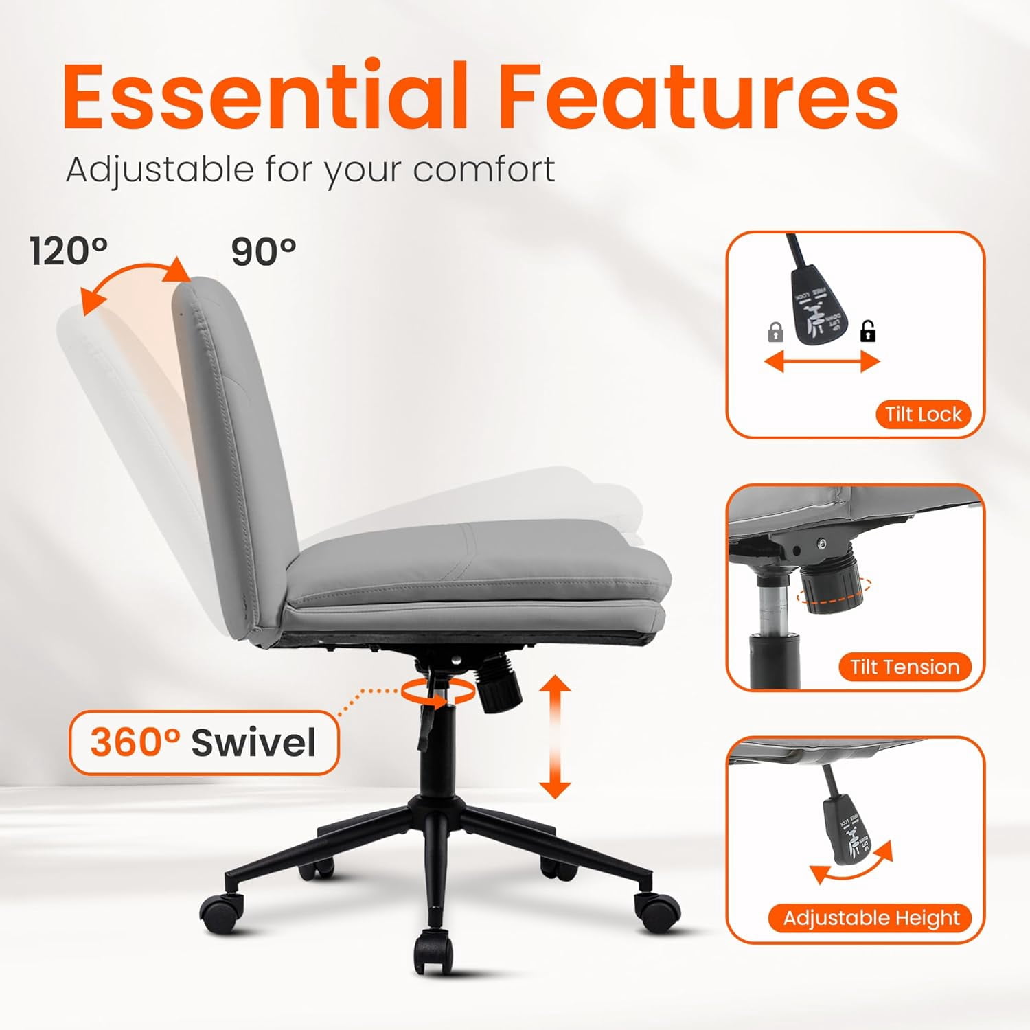 Orange Factory Criss Cross Chair with Wheels Comfy Wide Vanity Desk Chair Dual Base Leather Armless Adjustable Swivel for Home Computer Task (Grey Pu, Faux Leather)
