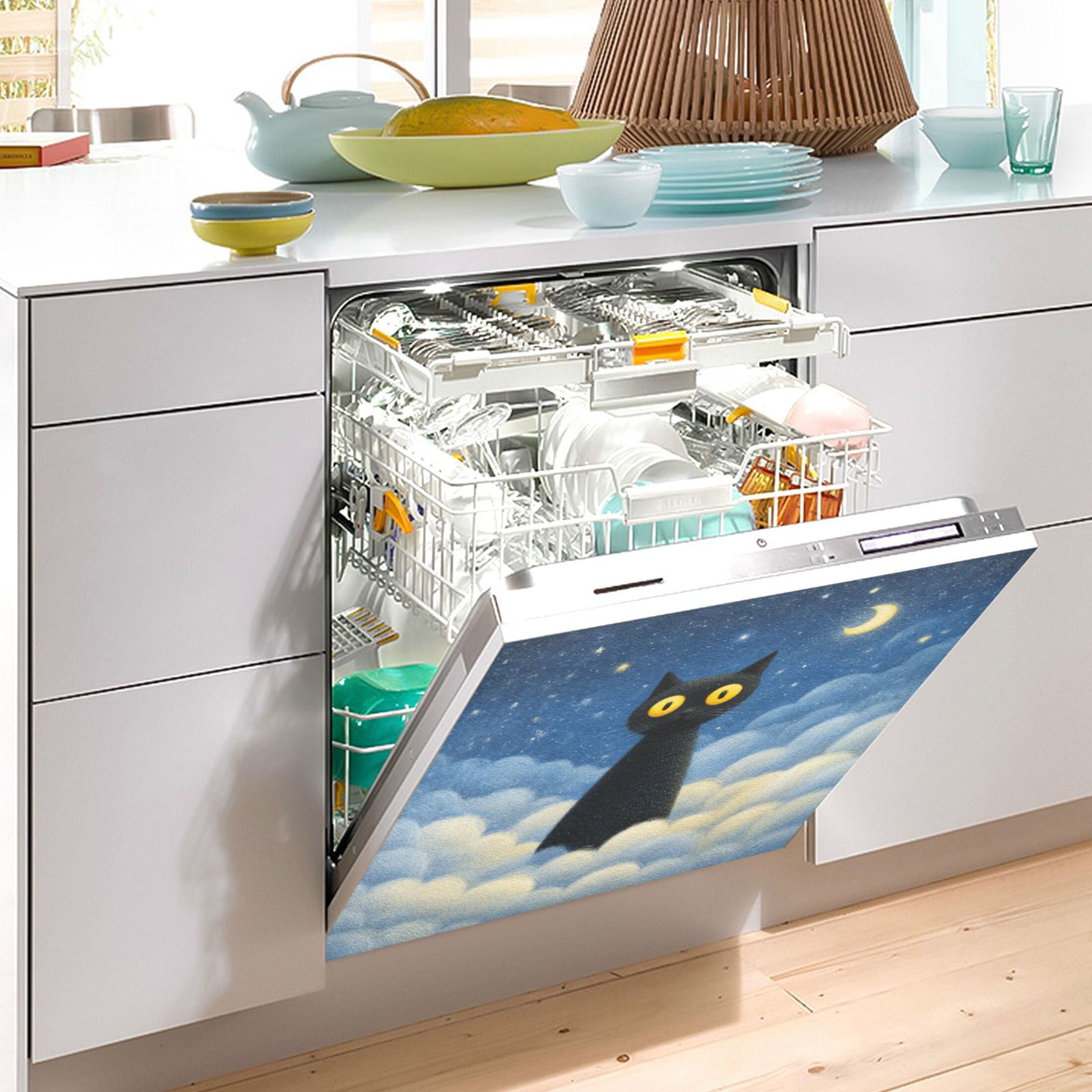 Dishwasher Magnetic Refrigerator Magnet Cover Sticker Home Decorative 23"x26" Black Cat with Yellow Eyes