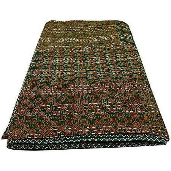 Green Hand Block Print Kantha Quilt 90X108 Inch Ajrakh Kantha Bedspread Vegetable Dye Kantha Blanket Indigo Print Ajrakh Kantha Quilt