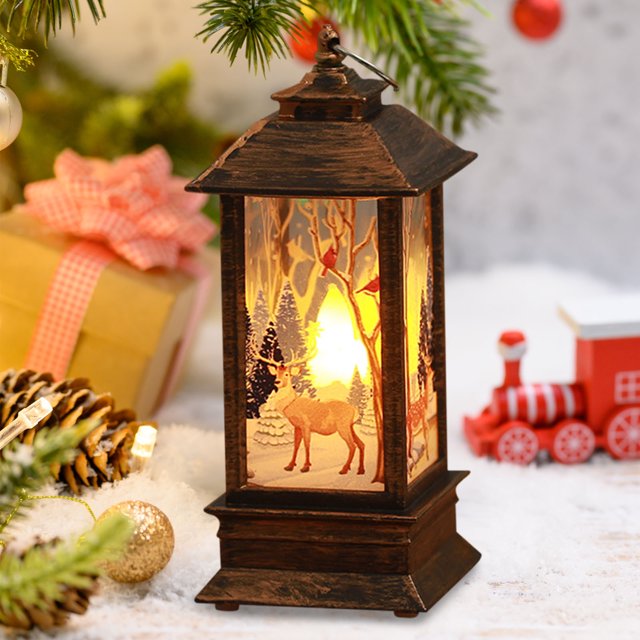 Christmas-Themed LED Flame Effect Candle Lantern, Battery-Powered Table Lamp for Desktop, Mantel & Holiday Centerpiece