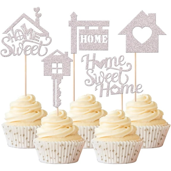 10pcs Silver Glitter Sweet Home Cupcake Toppers Key Housewarming Cupcake Picks Welcome NeHome Cake Decorations for NeHome House Warming Party Supplies