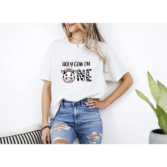Holy Cow Im One First Birthday Farm Animal Theme Unisex T-Shirt, up to size 5XL