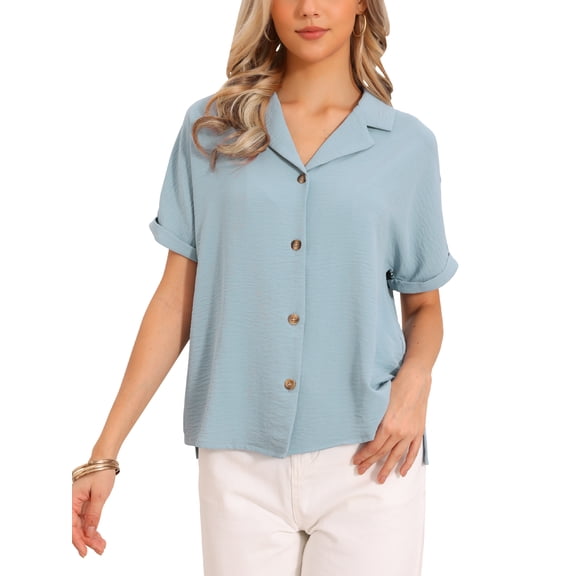 INSPIRE CHIC Business Casual Blouses for Women's Dressy Casual V Neck Short Sleeve Button Down Shirts Relaxed Work Tops M Blue