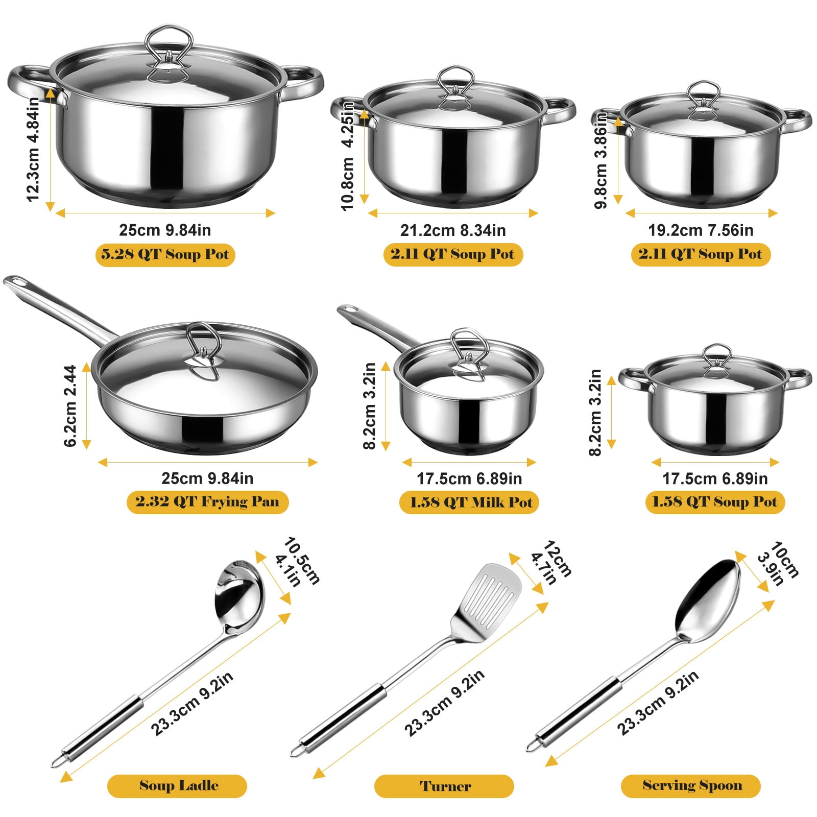 Bestdin 12 Pieces  Cookware Set Nonstick, Stainless Steel Pots and Pans Set for Kitchen with Frying Pan, Sauce Pan, Pots and Pans for Cooking, Dishwasher Safe, Silver