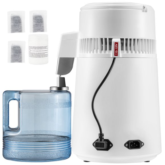 KFFKFF Water Purification System,1.1Gal Capacity,750W,0.3Gal/H Output with Temp Control and 0-99H Timer, Includes Plastic Jug,Cleaning Agent, and 3 Carbon Filters,Made from 304 Stainless Steel,White