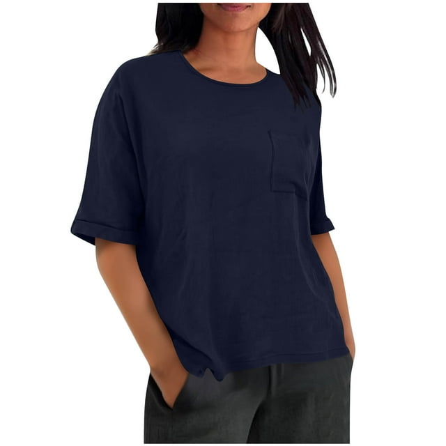 Pisexur Womens Tops Confortable Couleur Unie Coton Lin Womens Blouses Classique Décontracté Manches Courtes Col Rond Basique Tops Léger Ample Sortie Tops P-3TG Bleu