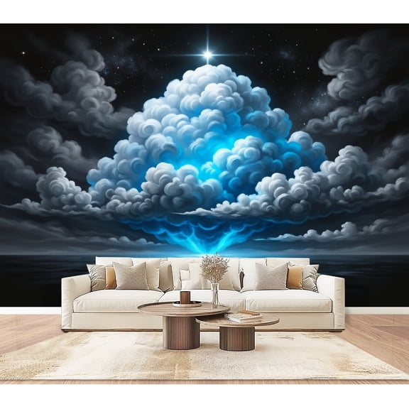 Enchanted Forest Wallpaper Mystical Cloud Ocean Electric Blue Glow Sky Peel and Stick Wall Murals 100"H x 144"W Removable PVC Wall Paper Self-Adhesive Wall Paintings for Bedroom Living Room