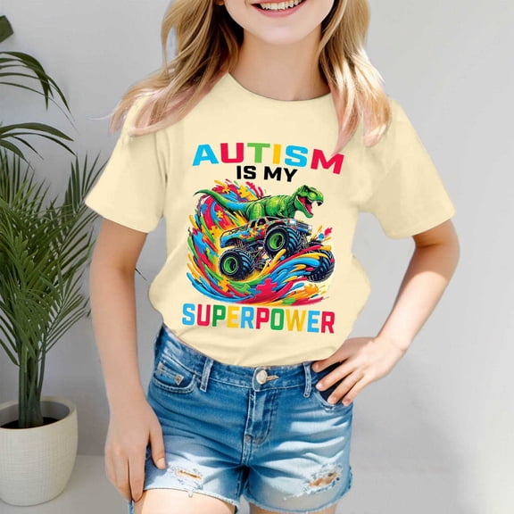 Girls' Tops Autism Awareness Day Short Sleeve Ribbed Tee Girls Clothes Beige 3-4 Years