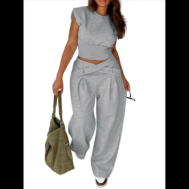 Conjuntos de 2 Piezas para Mujer,Conjuntos de Estar por Casa,Camisetas Sin Mangas con Mangas ,Pantalones de Pierna ,Conjuntos de Chándal,Conjuntos A Juego. Gris Plata L