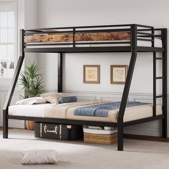 Metal Bunk Bed Twin Over Full for Adults & Kids, Industrial Bunkbeds Heavy Duty Bed with Safety Guardrail & Ladders,Retro