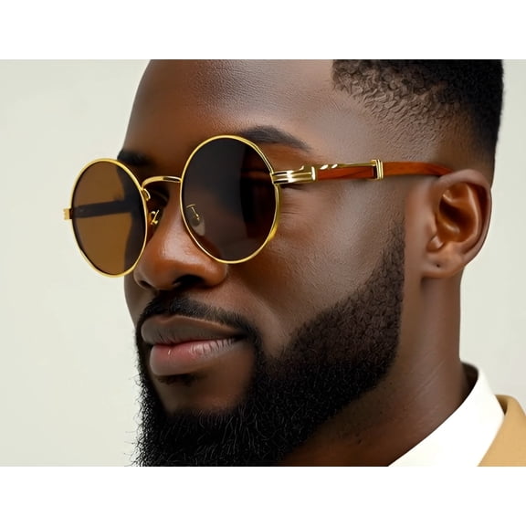 Men's Gold Frame Vintage Round Luxury Brown Lens Hip Hop Sunglasses