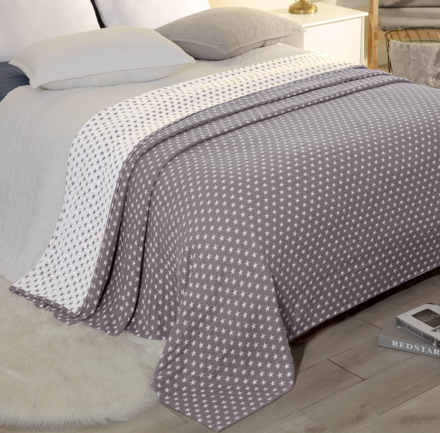Sterling Creek Dawson Gray White Star Muslin Blanket Three Layers Lightweight Cotton Gauzy Blanket Queen