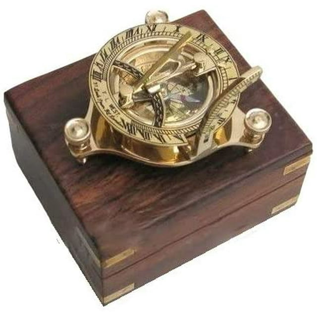 NauticalMart Solid Brass 3" Sundial Compass with Inlaid Hardwood Box