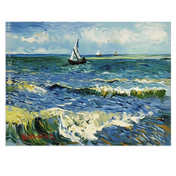 Potopok Van Gogh Seascape Reproduction Canvas Wall Art, Ocean Sea Painting Decor for Bedroom Living Room, 16x12 Inch