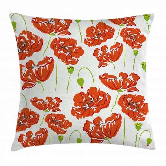Anemone Flower Throw Pillow Cushion Cover, Doodle Style Poppy Anemone Field in Full Blossom May Flowers, Decorative Square Accent Pillow Case, 18 X 18 Inches, Scarlet Lime Green Black, by Ambesonne
