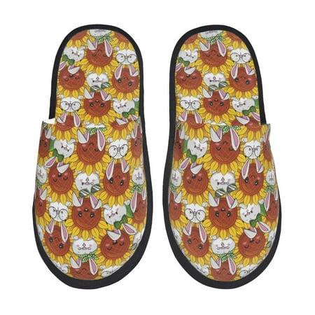 Balery Cartoon Sunflowers Slient Indoor Furry Fleece Comfort House Shoes Soft Non-Slip Home Shoes Cotton slippers House Slippers-- Large