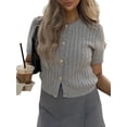 thumbnail image 2 of Female Short Sleeve Cardigan Cable Knit Cropped Button Down Crewneck Sweater Tops Gray L, 2 of 8