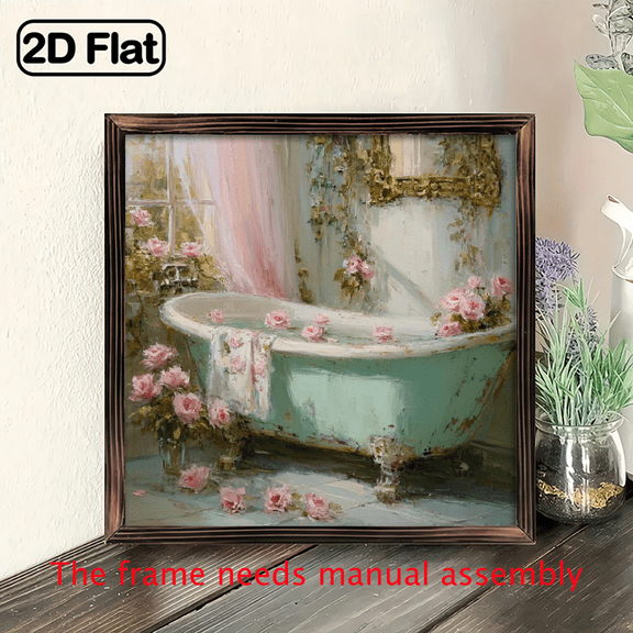 1pc Vintage Floral Bathroom Wall Art - Pink Roses Tub Decor in Soft Pastel Colors, Framed in Recycled Wood - Bathroom, Living Room, Farmhouse, Cafe, Office Decoration - Perfect Vintage Bathr