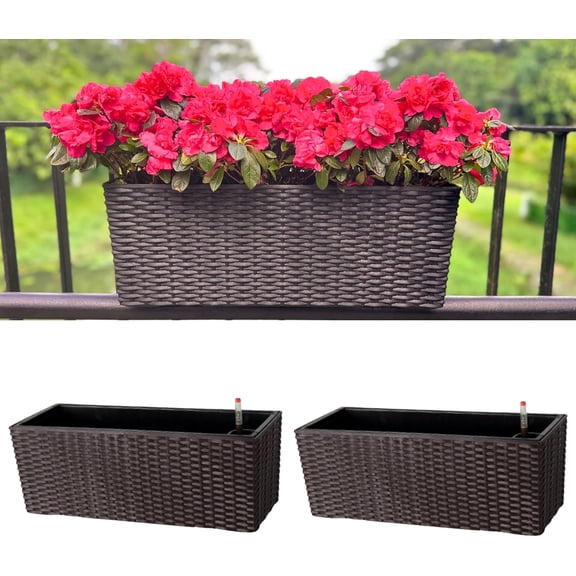 Outdoor Rail Planter for Balcony Pack) Large Self Watering Railing Planters with Brackets Rectangular Plastic Window Flower Box Fence Designer Choice with Rattan Pattern
