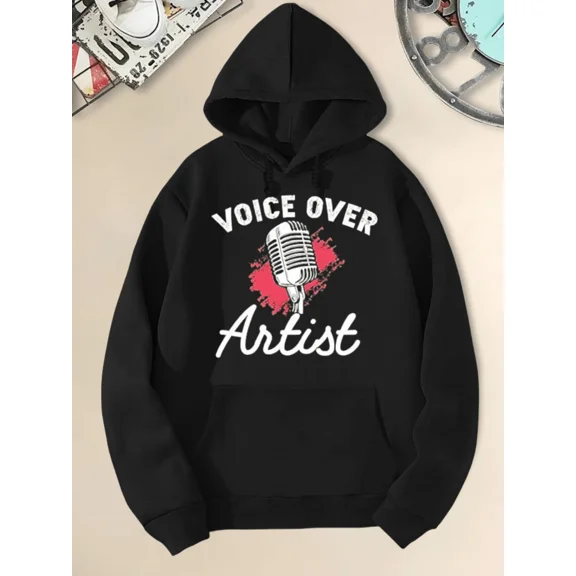 Men's Solid Color Printed Hooded Sweatshirt With Voice Over Artist Retro Microphone Graphic Comfortable Soft Long Sleeve Tops Unisex Casual Hoodie