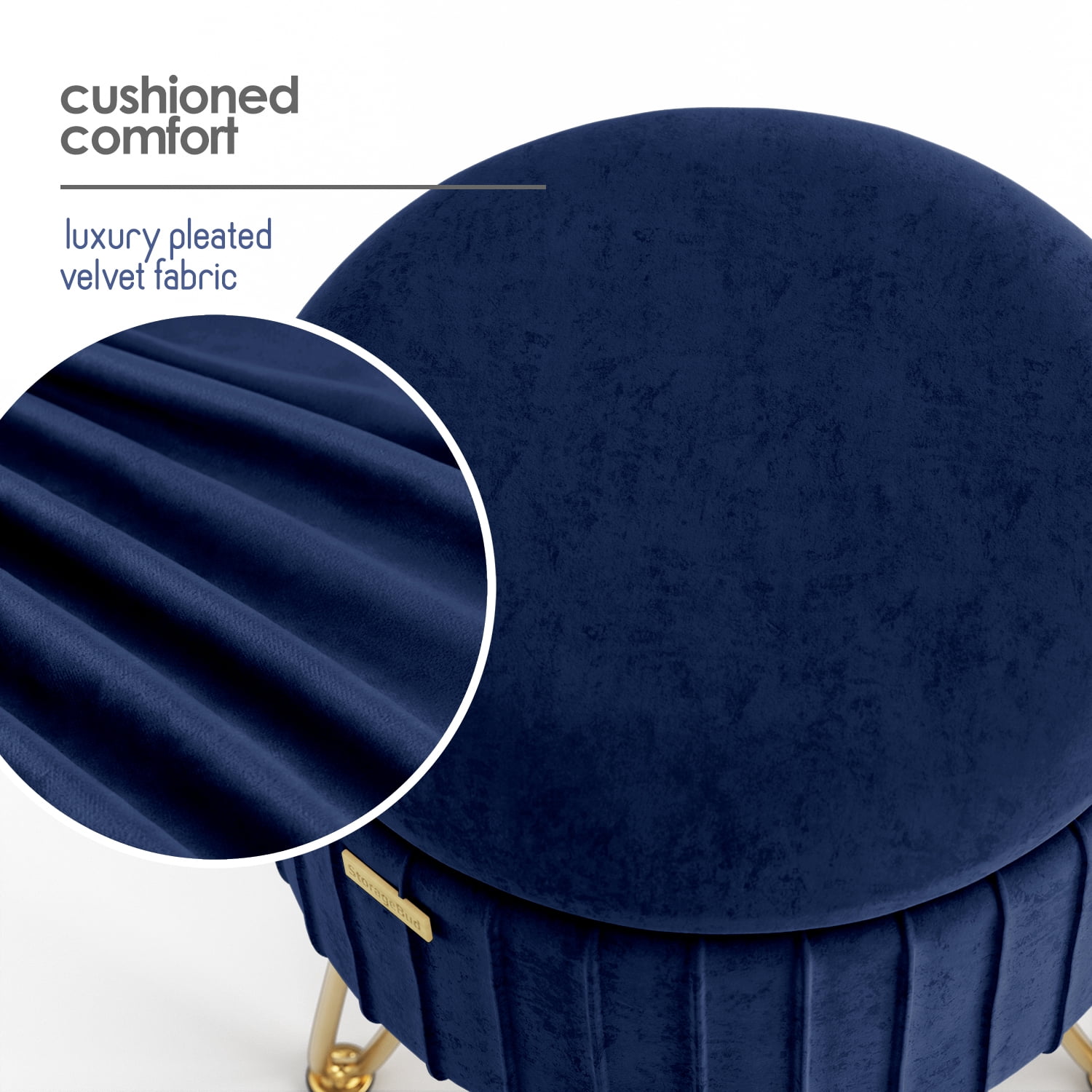 Hearth & Harbor Round Ottoman with Storage, Luxurious Foot Stool and Chic Vanity Stool with Storage, Elegant Pleated Velvet Blue