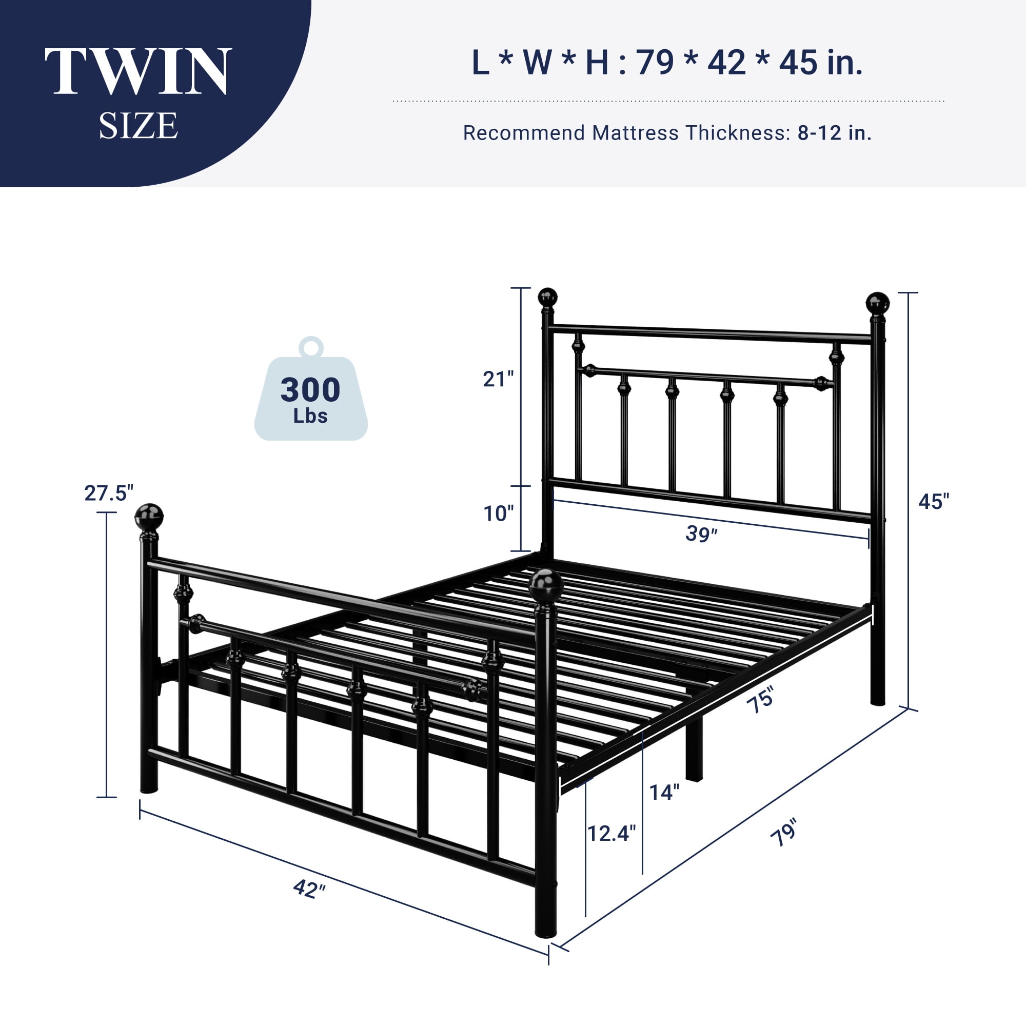 Sifurni Twin Size Metal Platform Bed Frame with Victorian Vintage Headboard, Black