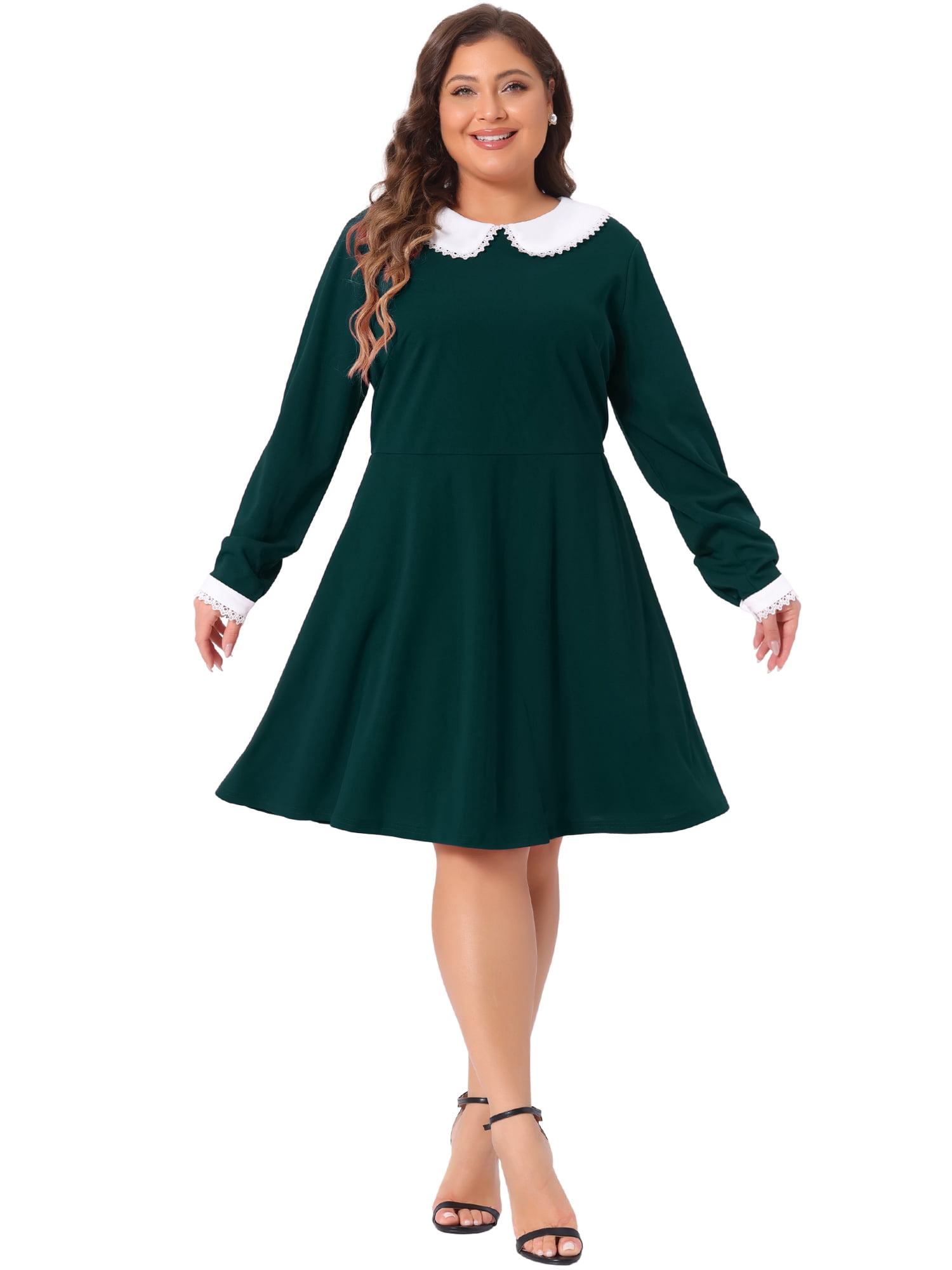 DARING DIVA Women's Plus Size Long Sleeves Collar A-line Midi Dress 4X Dark Green
