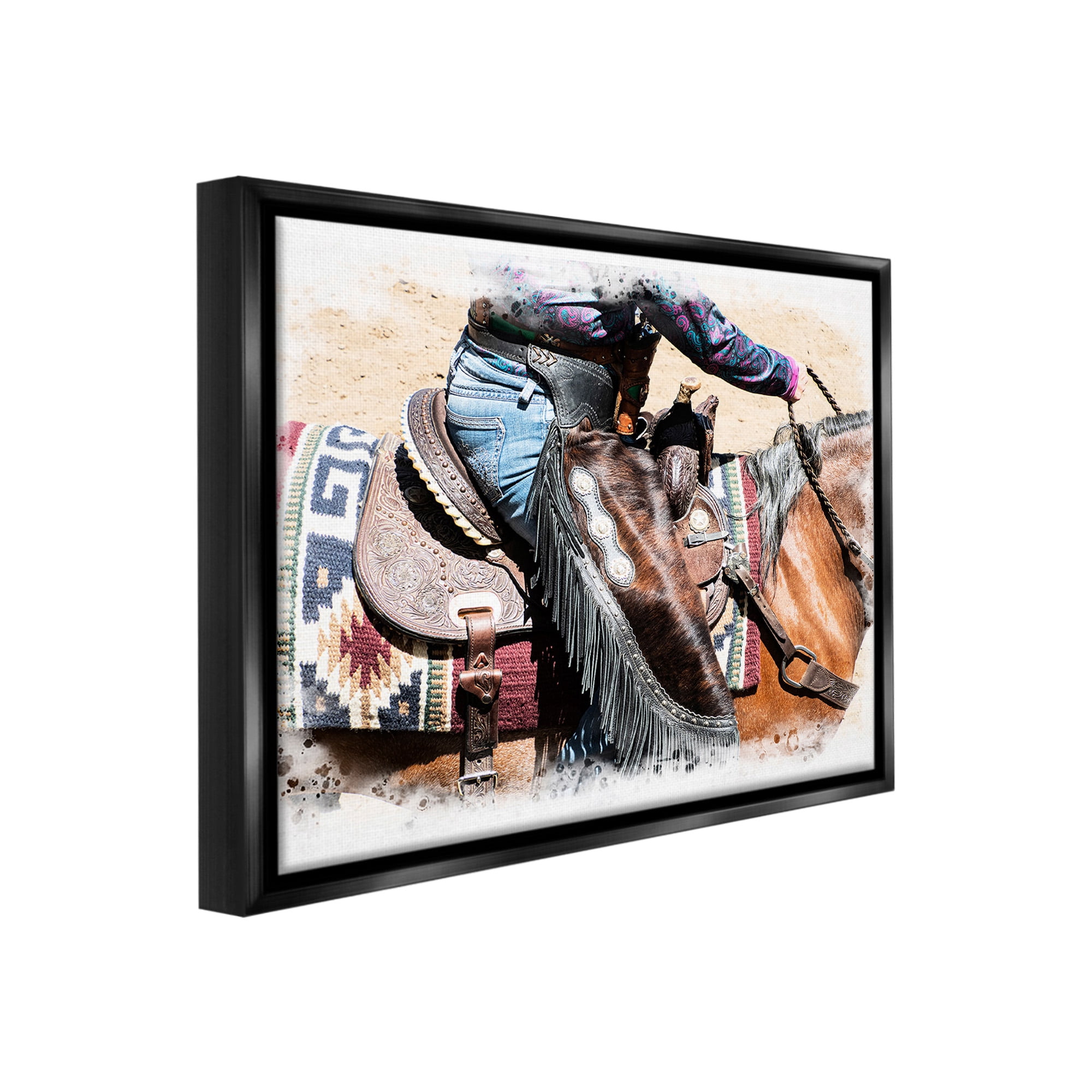 Stupell Industries Western Cowboy on Saddle Animals & Insects Painting Black Floater Framed Canvas Art Print Wall Art, 21 x 17