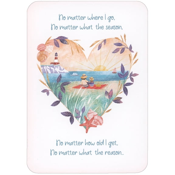 RSVP No Matter Where I Go: Mom and Child on Blanket at Shore Inside Heart Shape Inspirational Mother's Day Card
