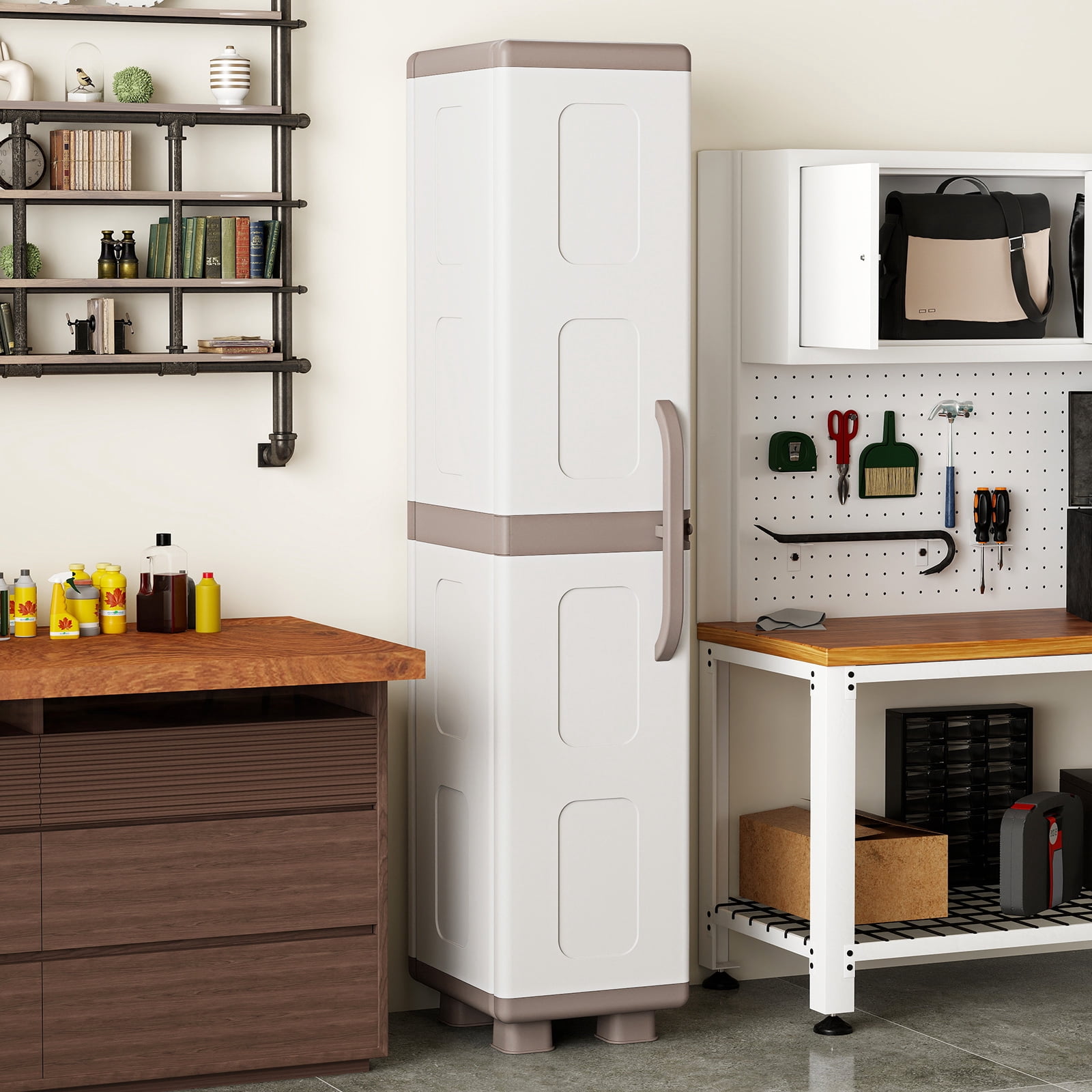 Costway Slim Storage Cabinet with Single Door, Plastic Kitchen Pantry with 4 Shelves Brown and White