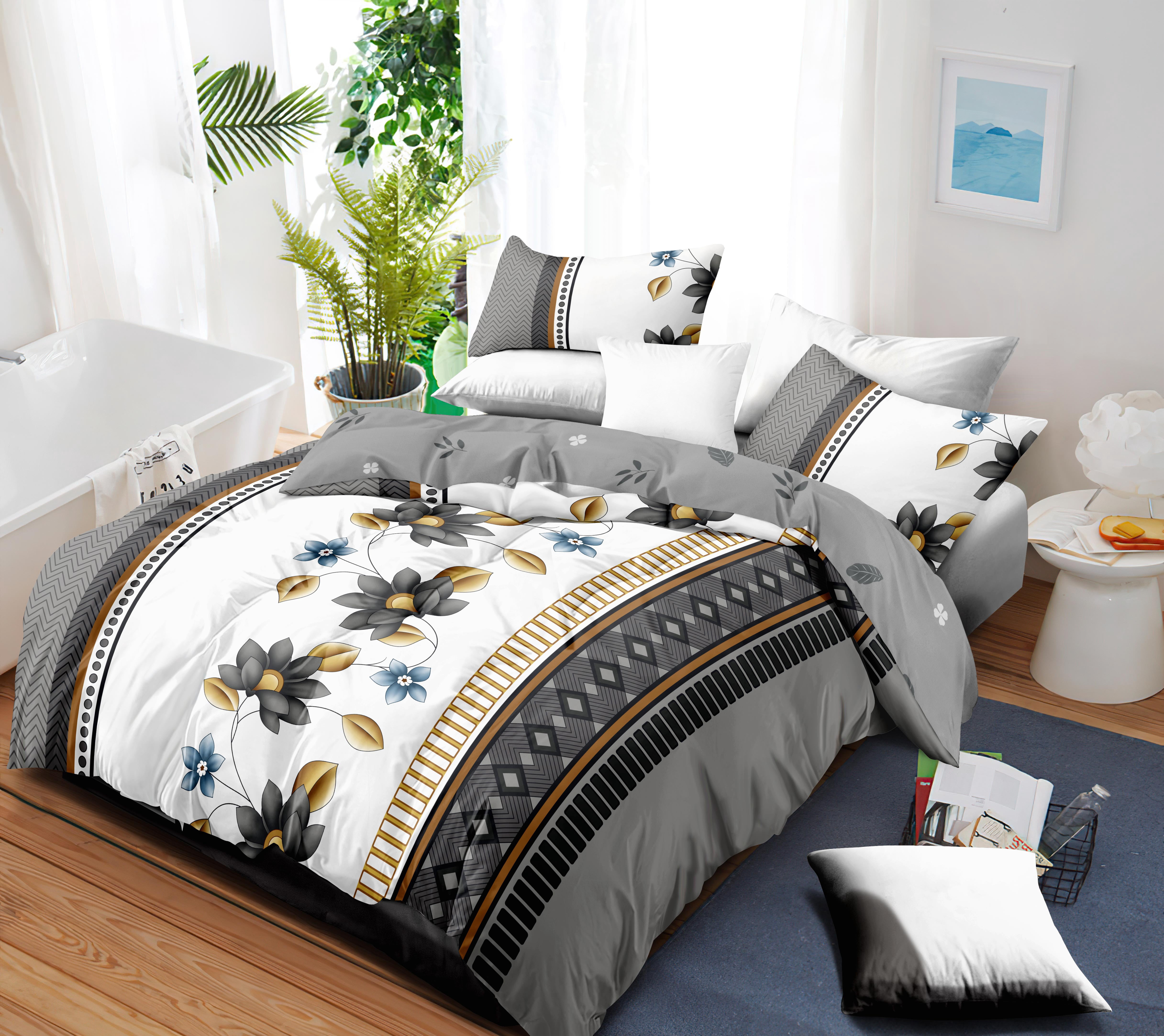 Grey & Gold Floral Geometric 4-Piece Queen Duvet Cover Set – 100% Bamboo Polyester, All-Season Bedding