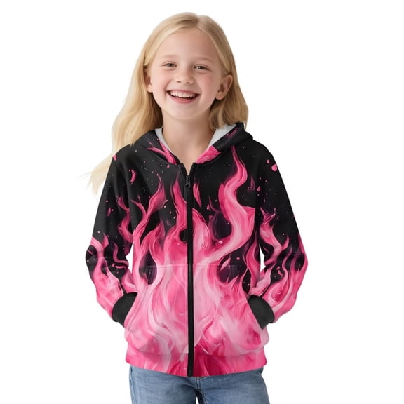 POLERO Girls Winter Jacket Pink Flame Print Hoodies Kids Zipper Fleece Hoodie Girls Jacket Warm Cozy Outwear Coat with Pockets, Size S