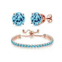 Paris Jewelry 10k Rose Gold 6Ct Blue Topaz Round Adjustable Tennis Bracelet and Earrings Set Plated