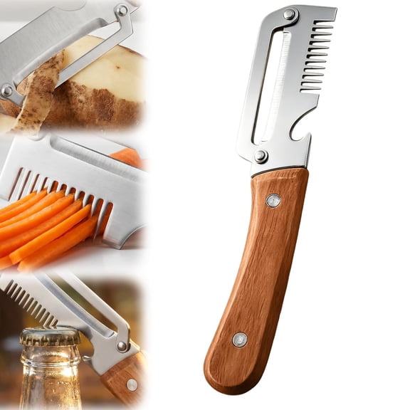 Vegetable Peeler and Julienne Peeler Set, Stainless Steel Vegetable Peelers for Kitchen with Wood Handles and Bottle Opener