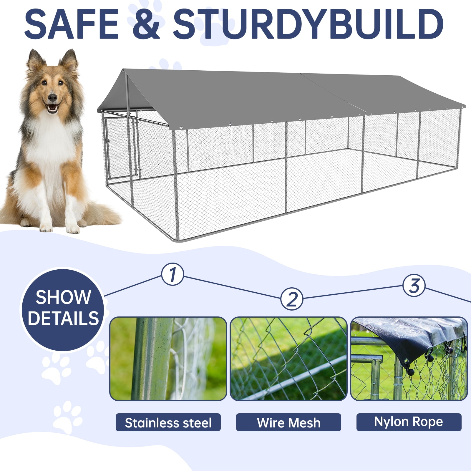 Outdoor Dog Run Enclosure Heavy Duty Dog Kennel Pen Mesh Dog Extra-Large Cage Pet Kennel Steel Fence with Double Secure Lock(19.68'x 9.84')