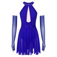 thumbnail image 1 of Oyolan 2 Pcs Costumes de Danse Lyrique pour Femmes Robe de Bal Fendue en Maille Froncée avec Gants Bleu Royal m, 1 of 7