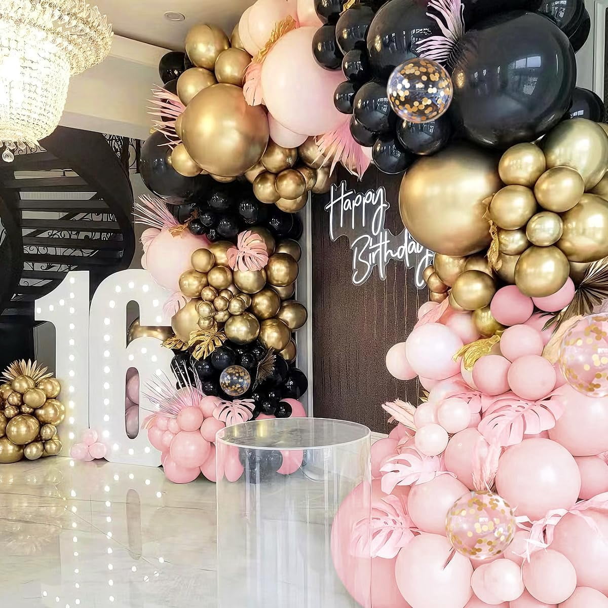 Black Pink and Gold Balloon Garland Arch Kit, 156 Pastel Pink Matte Black Metallic Gold Balloons for Women Girls Party Birthday Wedding Bridal Shower Bachelorette Anniversary Graduations