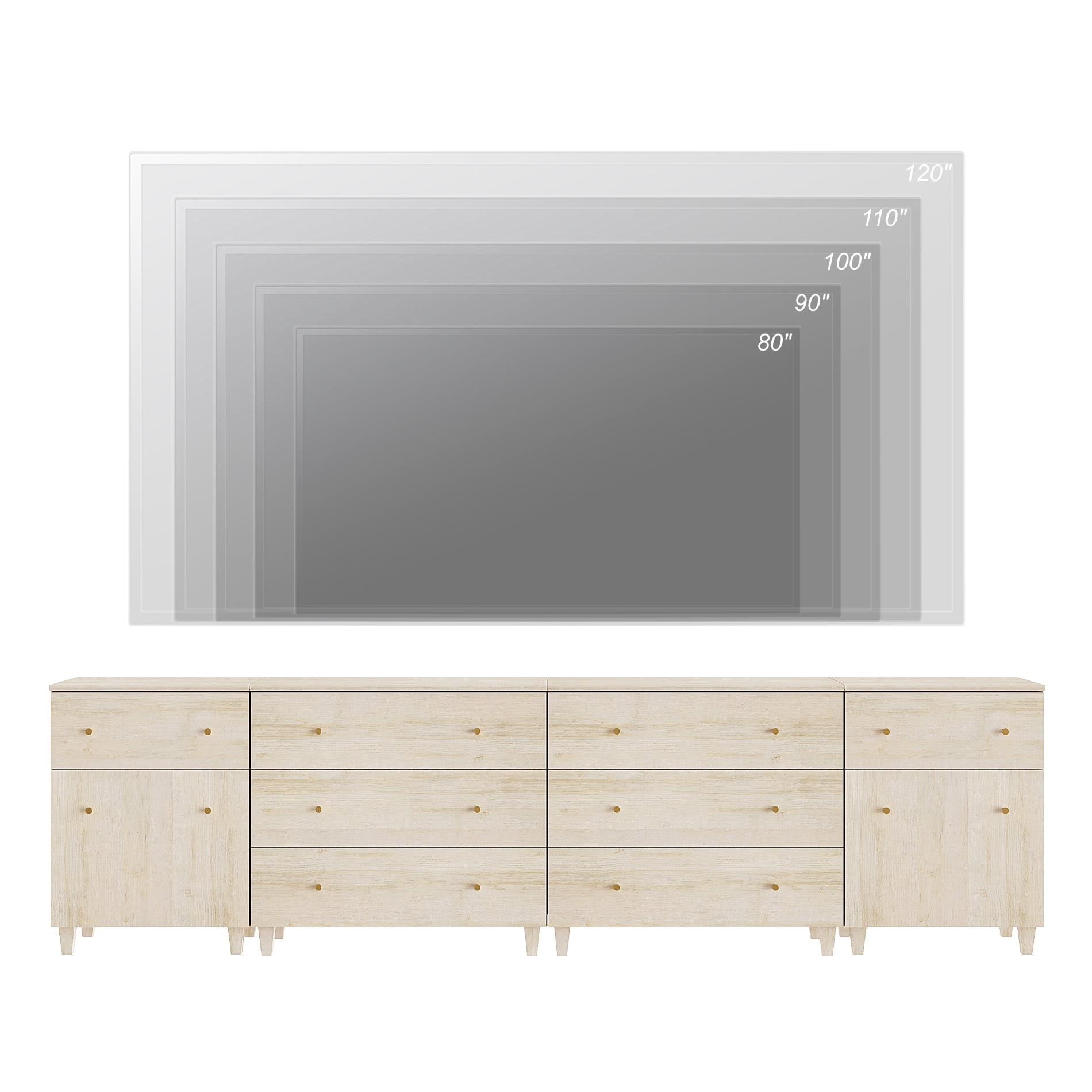 WAMPAT Wide Modern TV Stand for 110+ Inches TVs, 4-in-1 Large Wooden Media Console with 8 Spacious Drawers and 2 Storage Cabinets for Living Room, Light Oak