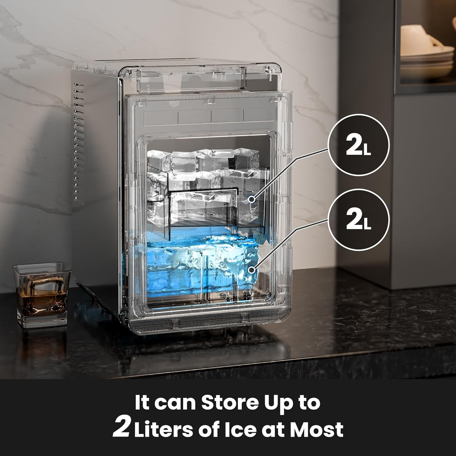 Auseo Clear Cubic Ice Maker,9 Crystal Clear 1.6" Ice Cubes per Hour,Quiet Countertop Ice Machine with Self-Cleaning for Cocktails, Whiskey,24h Timer,ETL Listed