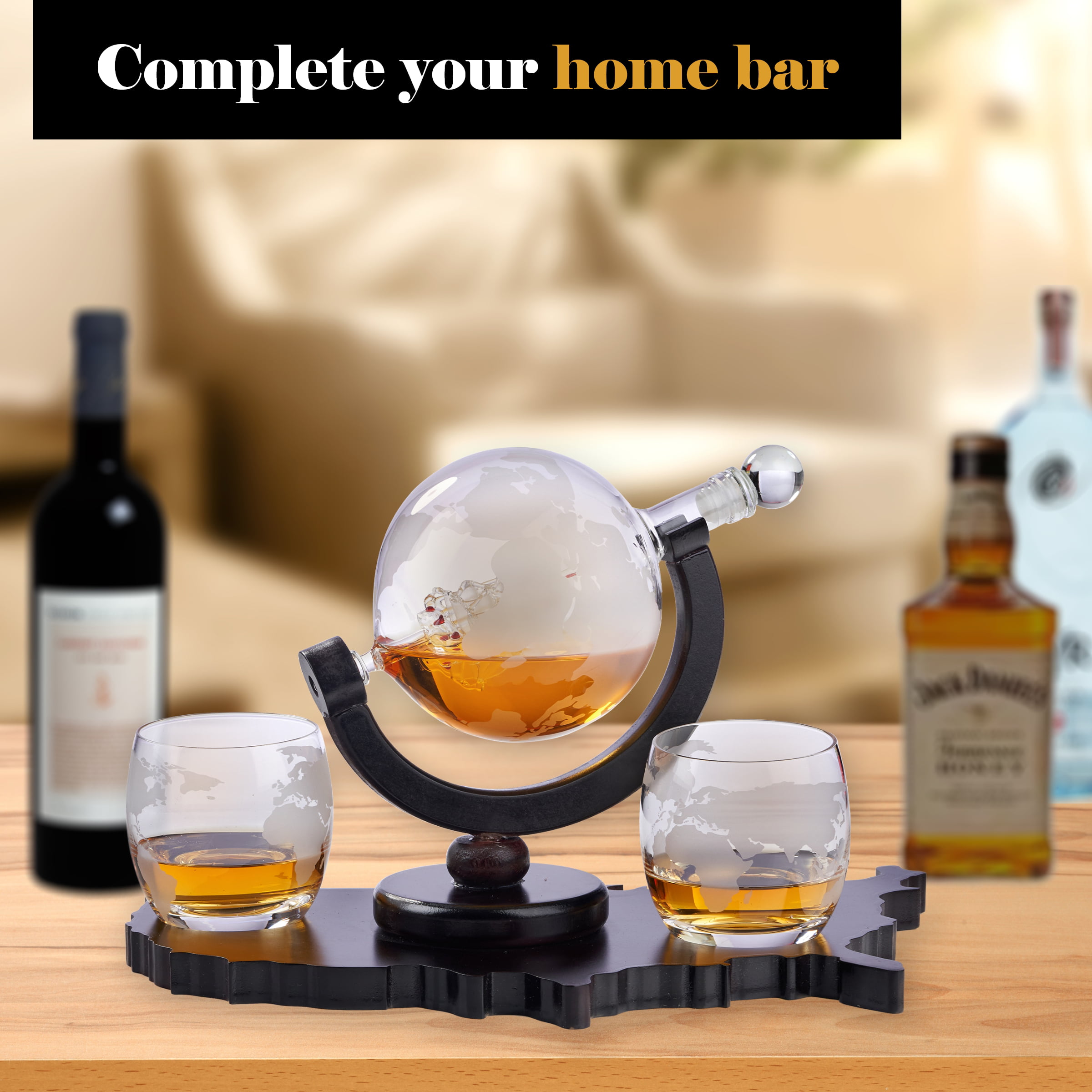 Glass Decanter Elegant Whiskey Decanter with Whiskey Glasses on "USA Map Tray"